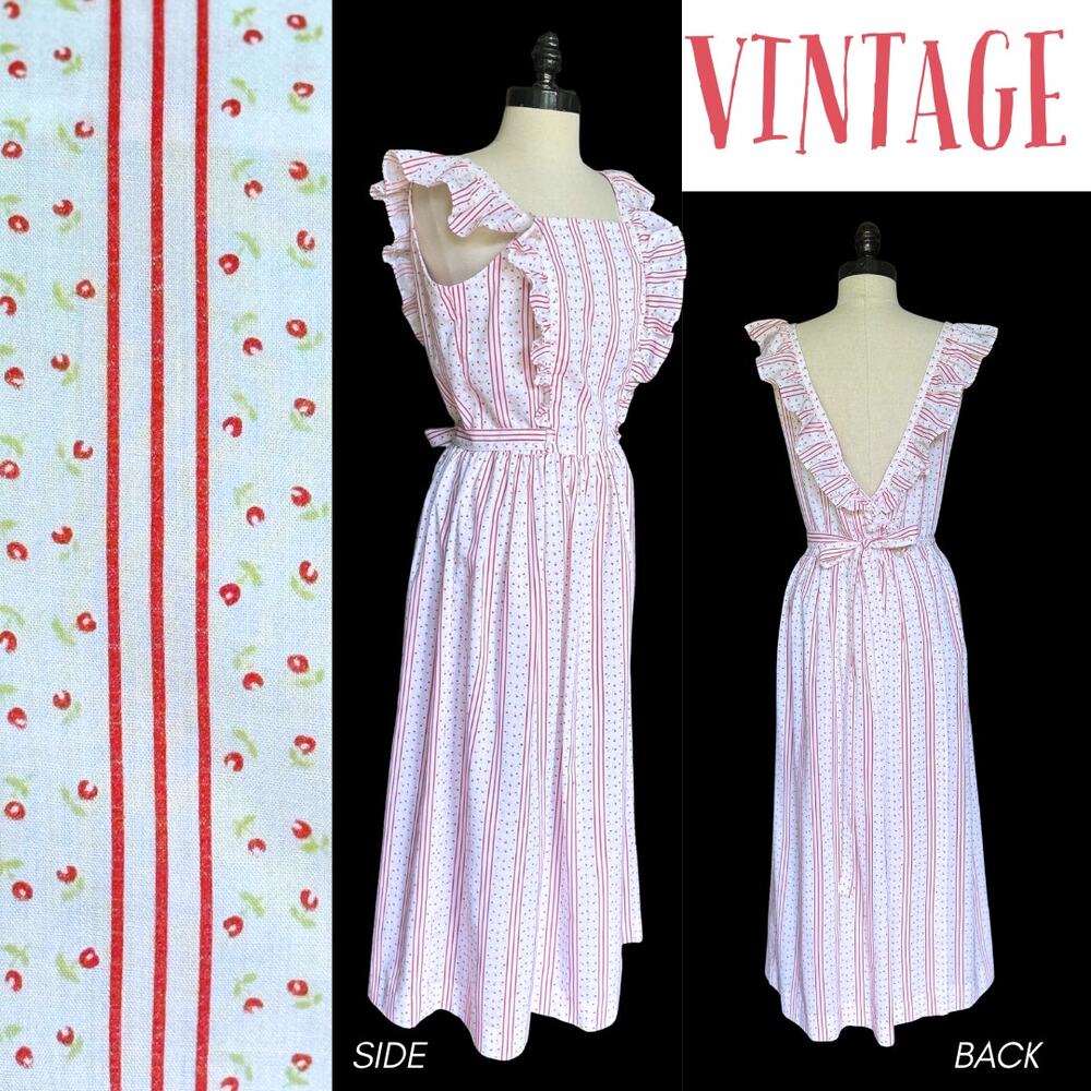 Vintage 70s Red Stripe Dress Hippie Boho Indie Cottage Prairie Summer Pinafore